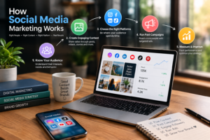 Featured image showing how social media marketing works, with social media icons, a laptop displaying marketing analytics, and a visual flow from creating content and engaging audiences to running campaigns, growing a brand, and measuring results .social media work