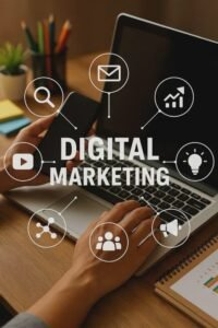 Digital marketing concept showing a person using a laptop and smartphone, surrounded by icons representing SEO, email marketing, analytics, video, social media, and online communication